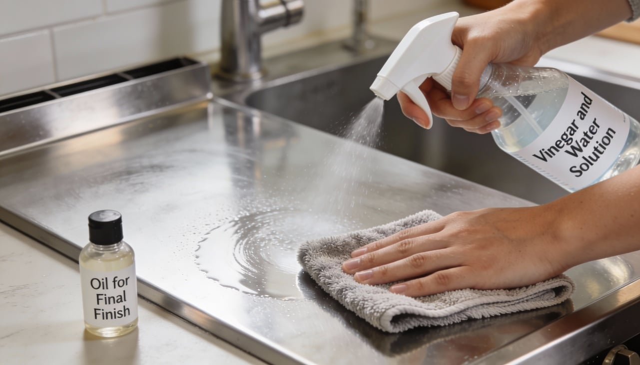 Borrife a solução no inox frio, deixe agir alguns segundos e remova com pano macio no sentido do polimento