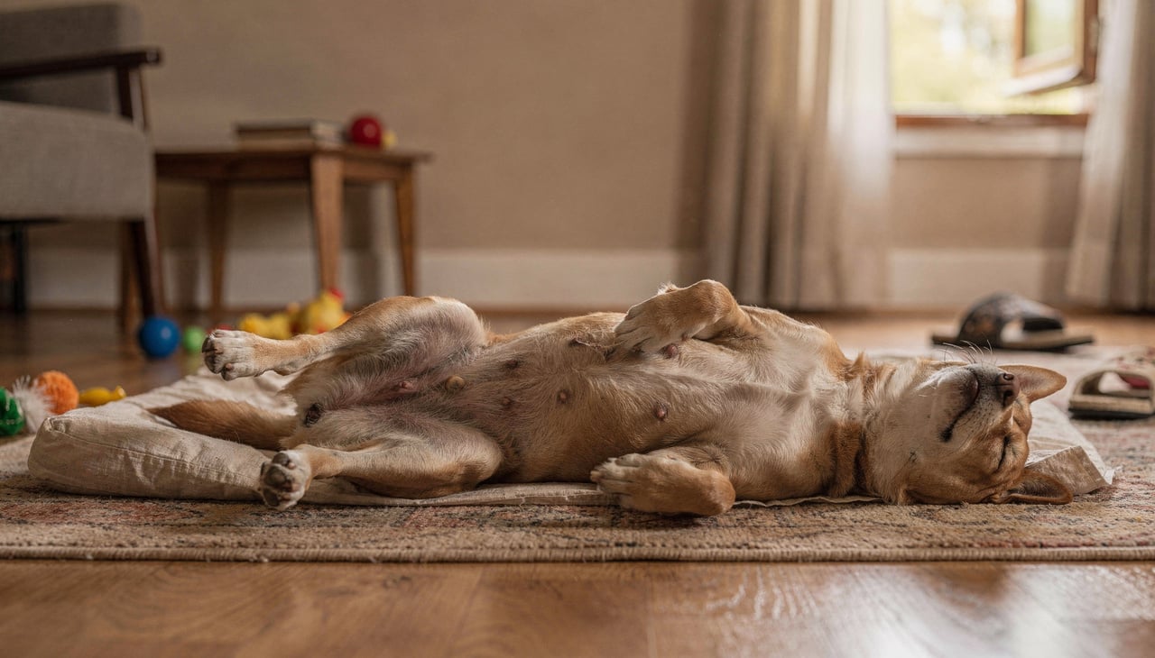 Na maioria das situações, um cachorro dormindo de barriga para cima indica que o animal se sente seguro no local em que está