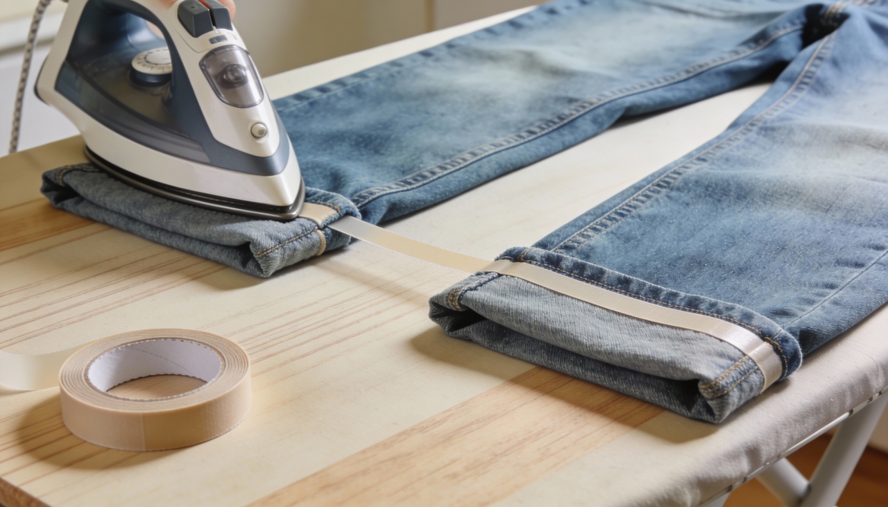 A fita termocolante atua como um adesivo potente que o calor do ferro de passar ativa, unindo as camadas de tecido de maneira firme e totalmente discreta