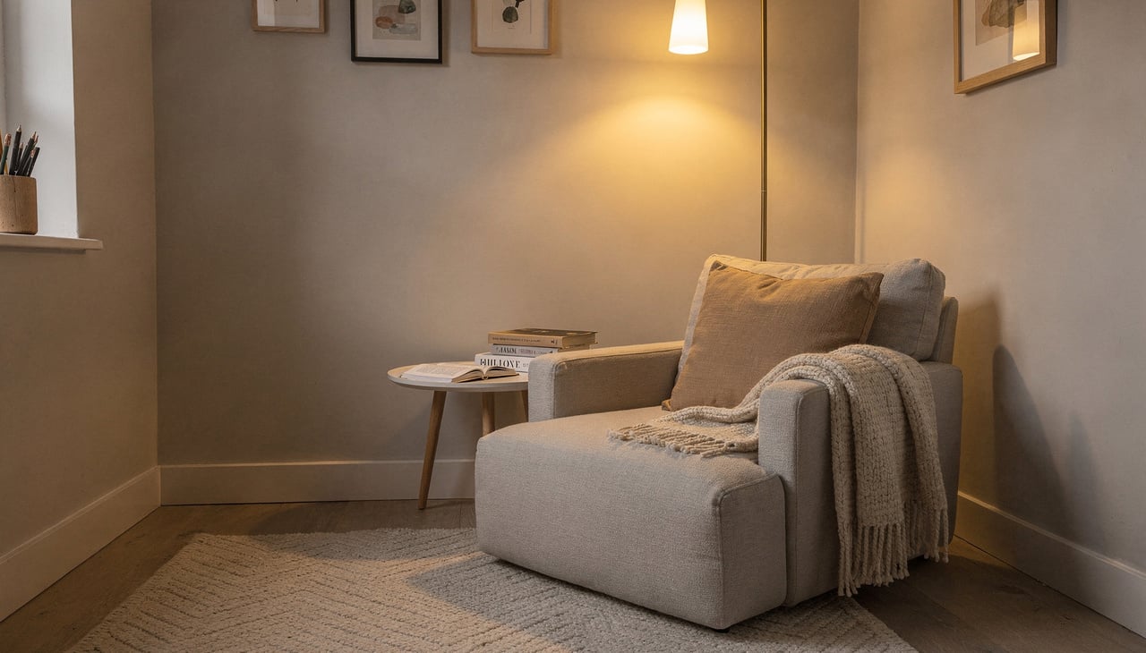 Um cantinho aconchegante é um espaço delimitado dentro da casa pensado para descanso, leitura, meditação ou atividades leves