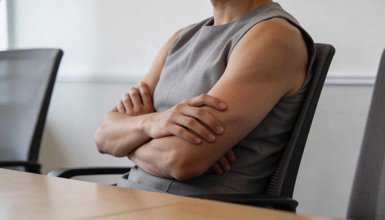 O gesto de cruzar os braços, frequentemente relacionado à ideia de bloqueio ou proteção