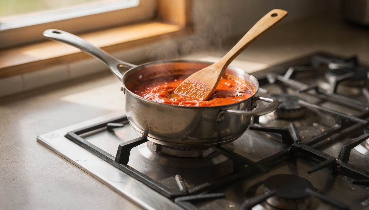 O usuário insere o cabo da colher de pau diretamente na abertura superior do cabo da panela