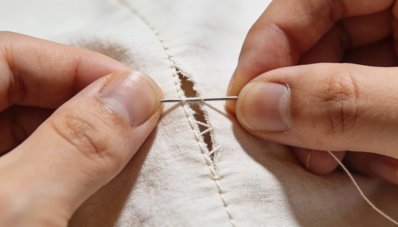 Para iniciar o trabalho, você precisa apenas de uma agulha fina e uma linha da mesma cor exata da peça que está sendo reparada