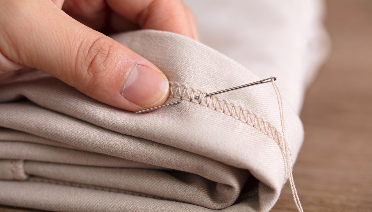 O ponto invisível para roupas atua criando uma união entre os tecidos que fica totalmente escondida na dobra interna da fibra