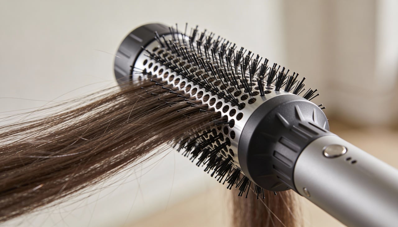 A escova secadora combina secador e escova em um único equipamento, geralmente com formato oval ou cilíndrico grande