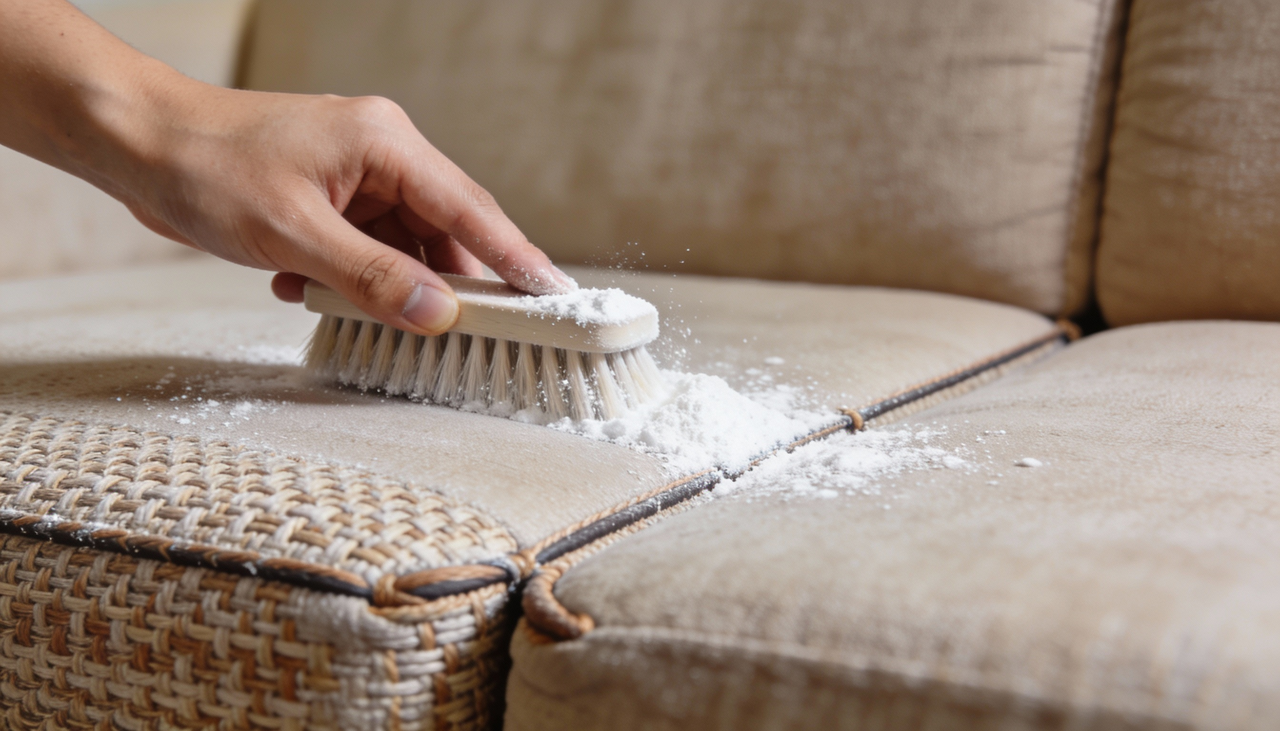 O processo começa com a distribuição generosa do pó sobre toda a superfície que apresenta o odor característico de guardado