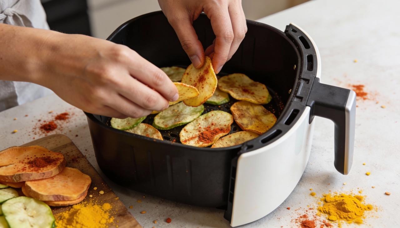 O método consiste em fatiar vegetais finamente para alcançar a textura ideal de chips crocantes