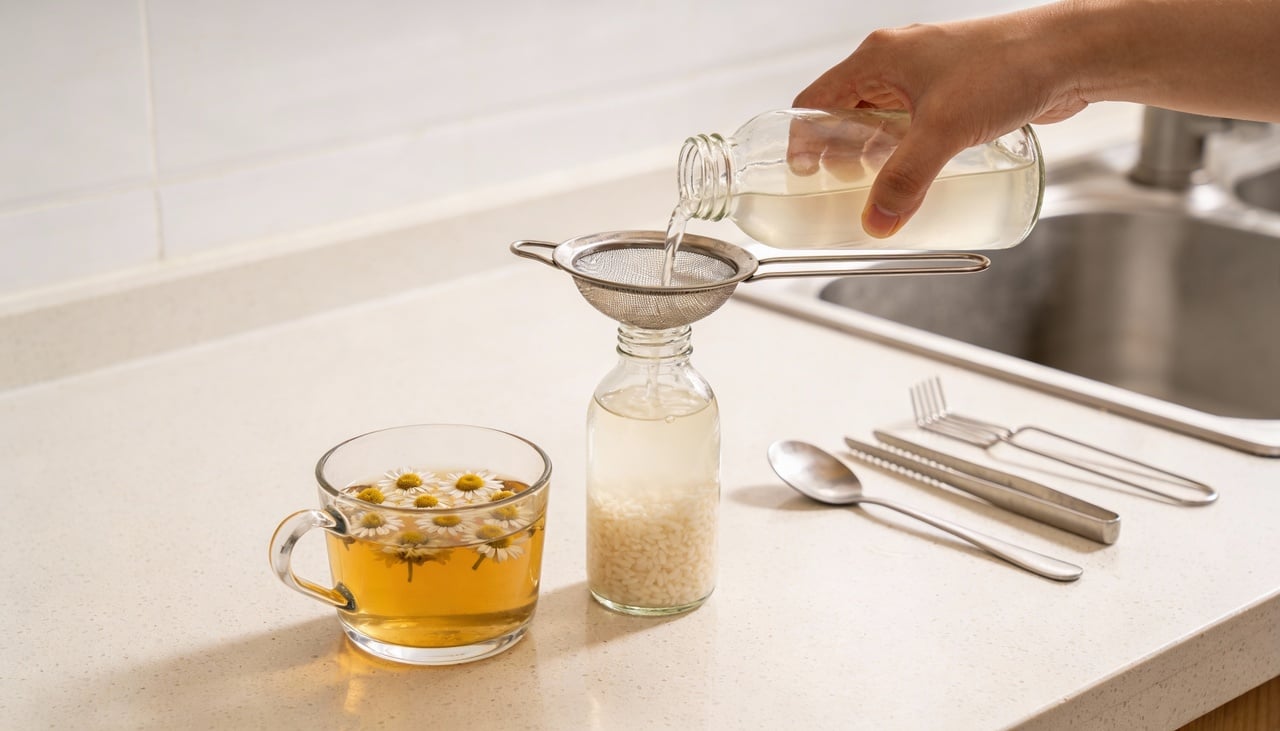 O tônico facial com chá de camomila e arroz é uma preparação líquida feita a partir da infusão da erva e do uso da água proveniente do contato com o arroz