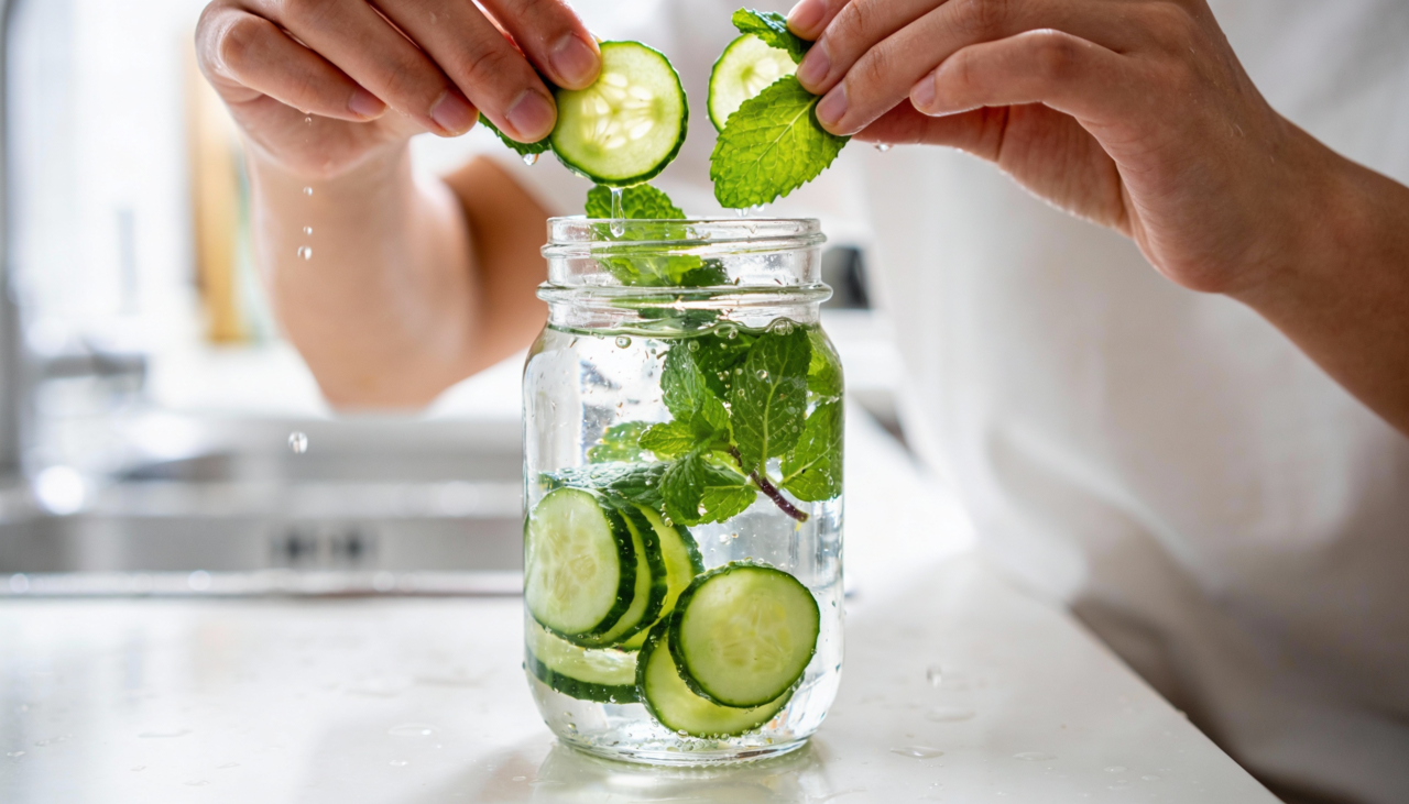 A água saborizada com pepino e hortelã é feita com água filtrada, rodelas de pepino fresco e folhas de hortelã fresca, podendo incluir gelo e rodelas de limão