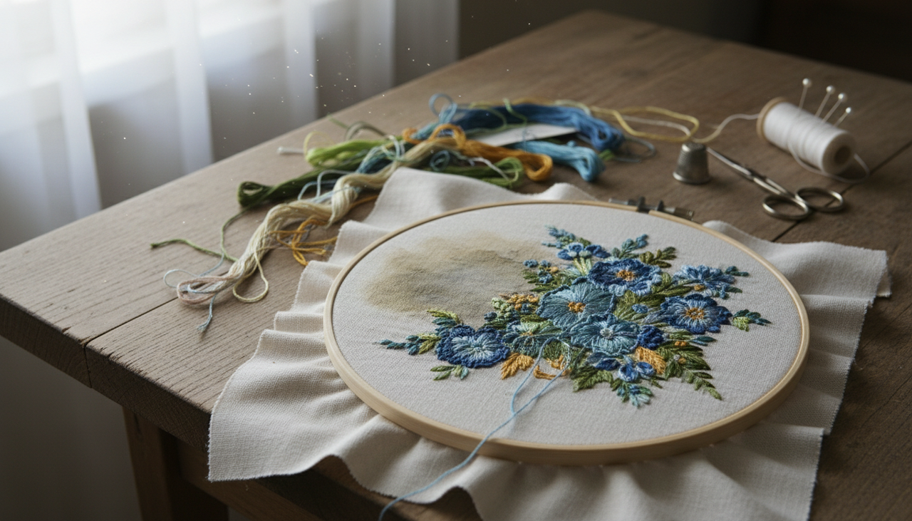 O segredo para esconder a mancha reside na aplicação estratégica de pontos de bordado livre diretamente sobre toda a área afetada