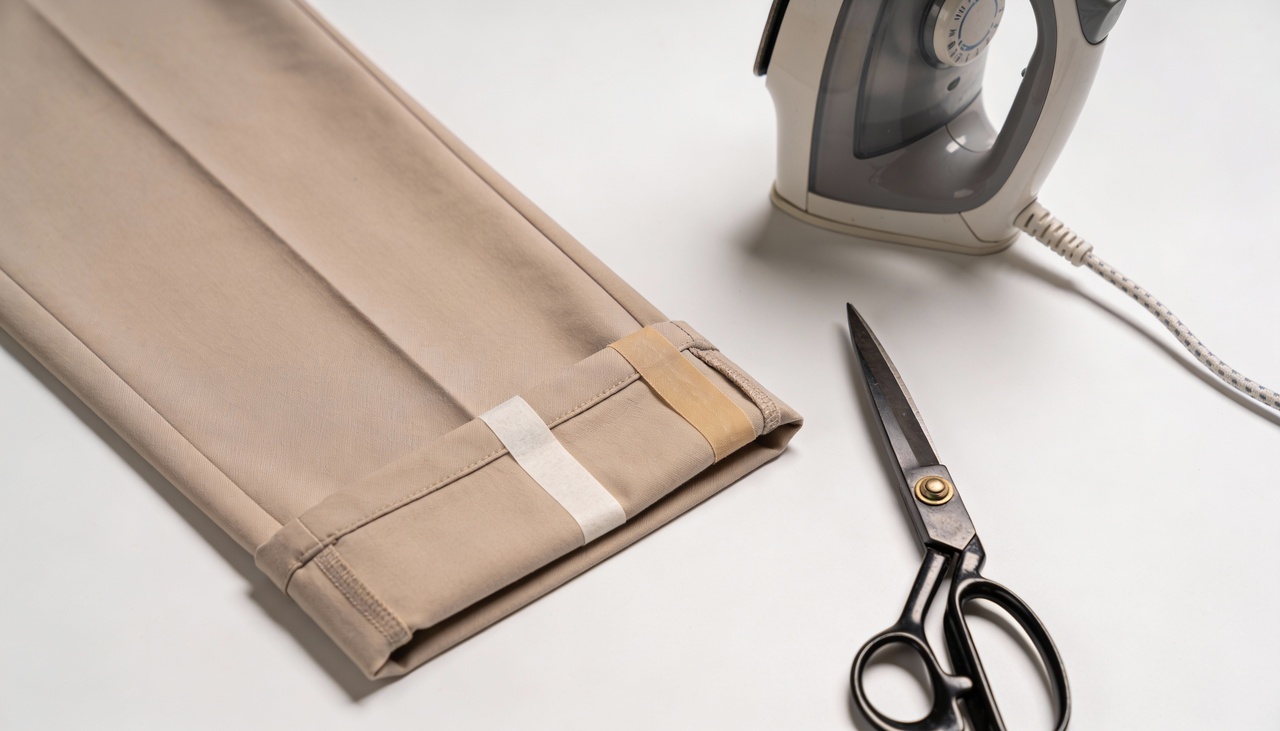 A fita termocolante atua como um adesivo potente que o calor do ferro de passar ativa, unindo as camadas de tecido de maneira firme e totalmente discreta