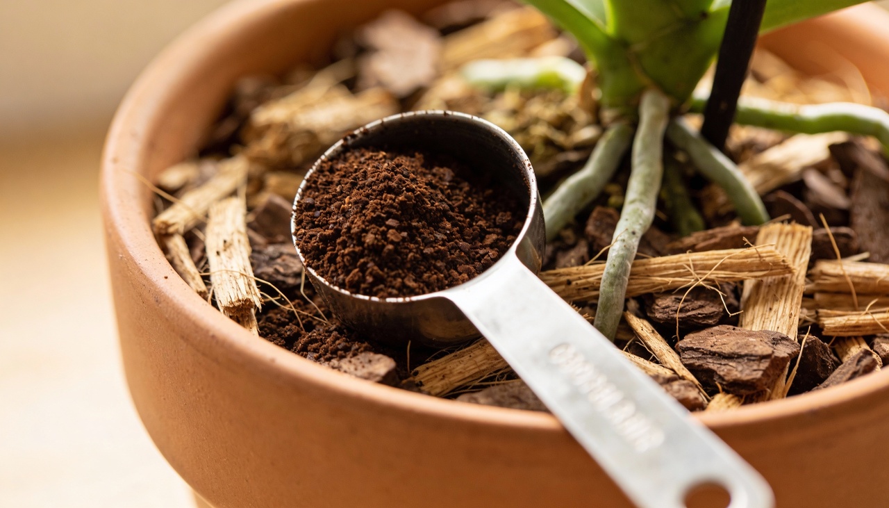 Use apenas borra de café completamente fria e seca para evitar queimar as raízes sensíveis ou criar ambiente favorável para fungos prejudiciais