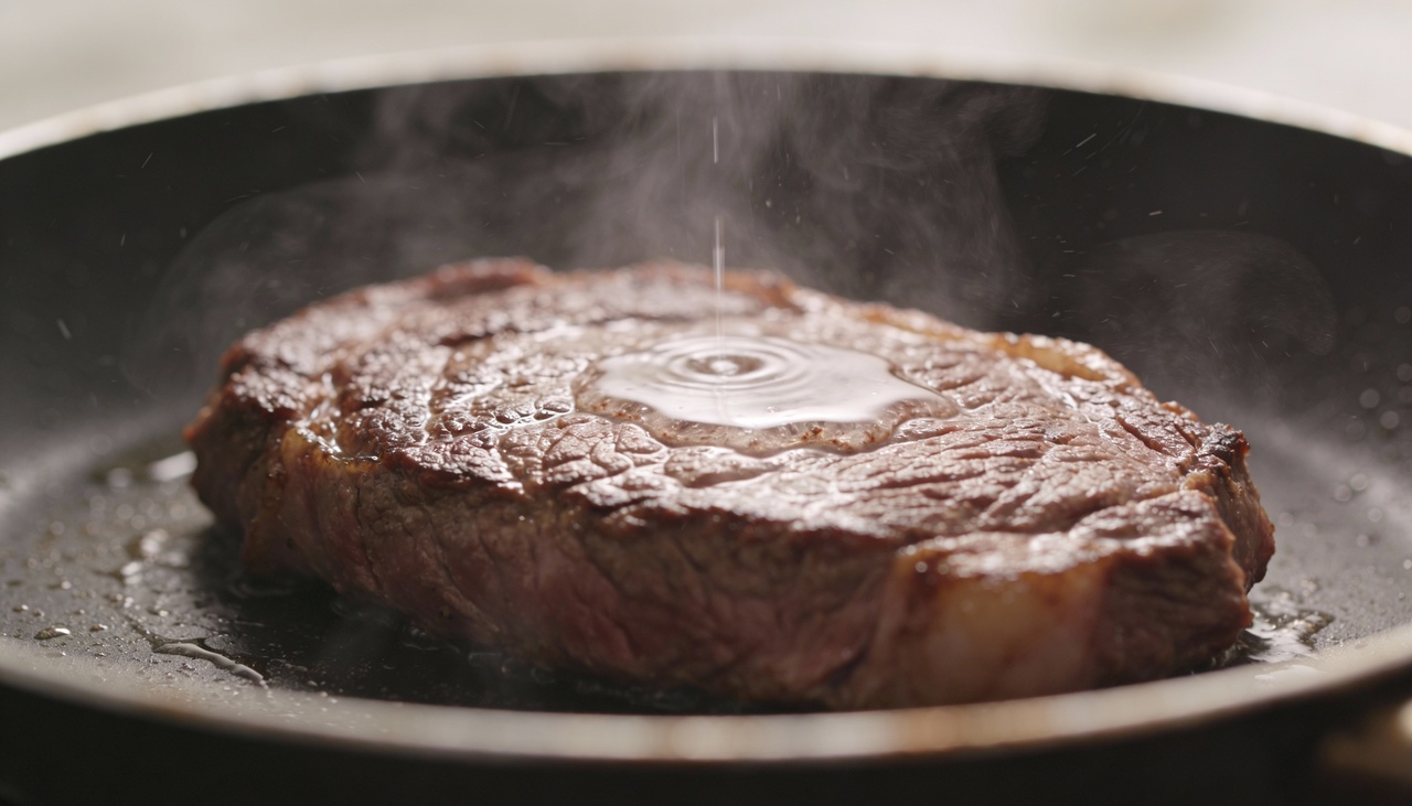 Para selar a carne com perfeição, o cozinheiro utiliza o calor intenso da frigideira para extrair a própria gordura da peça