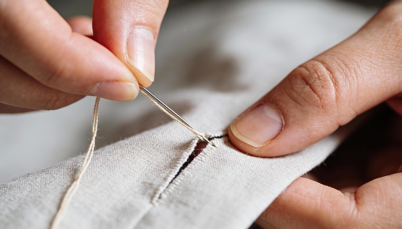 Para iniciar essa técnica, o costureiro deve inserir a agulha por dentro da dobra do tecido, escondendo o nó inicial completamente para evitar qualquer relevo
