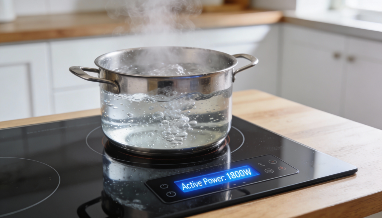 O fogão de indução utiliza campos eletromagnéticos para aquecer diretamente o fundo da panela, mantendo a superfície relativamente fria