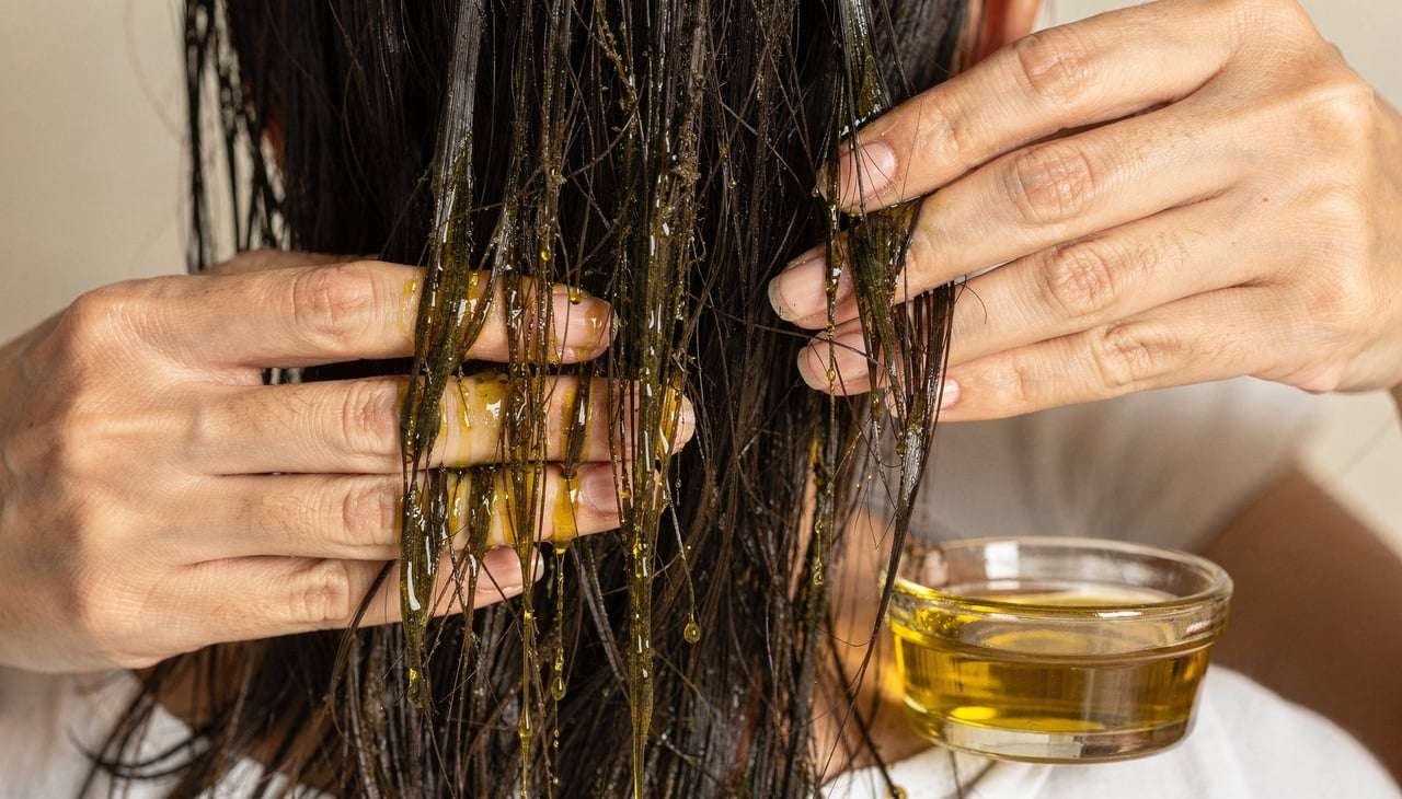 O azeite de oliva é rico em ácido oleico e outros ácidos graxos que formam um filme ao redor do fio