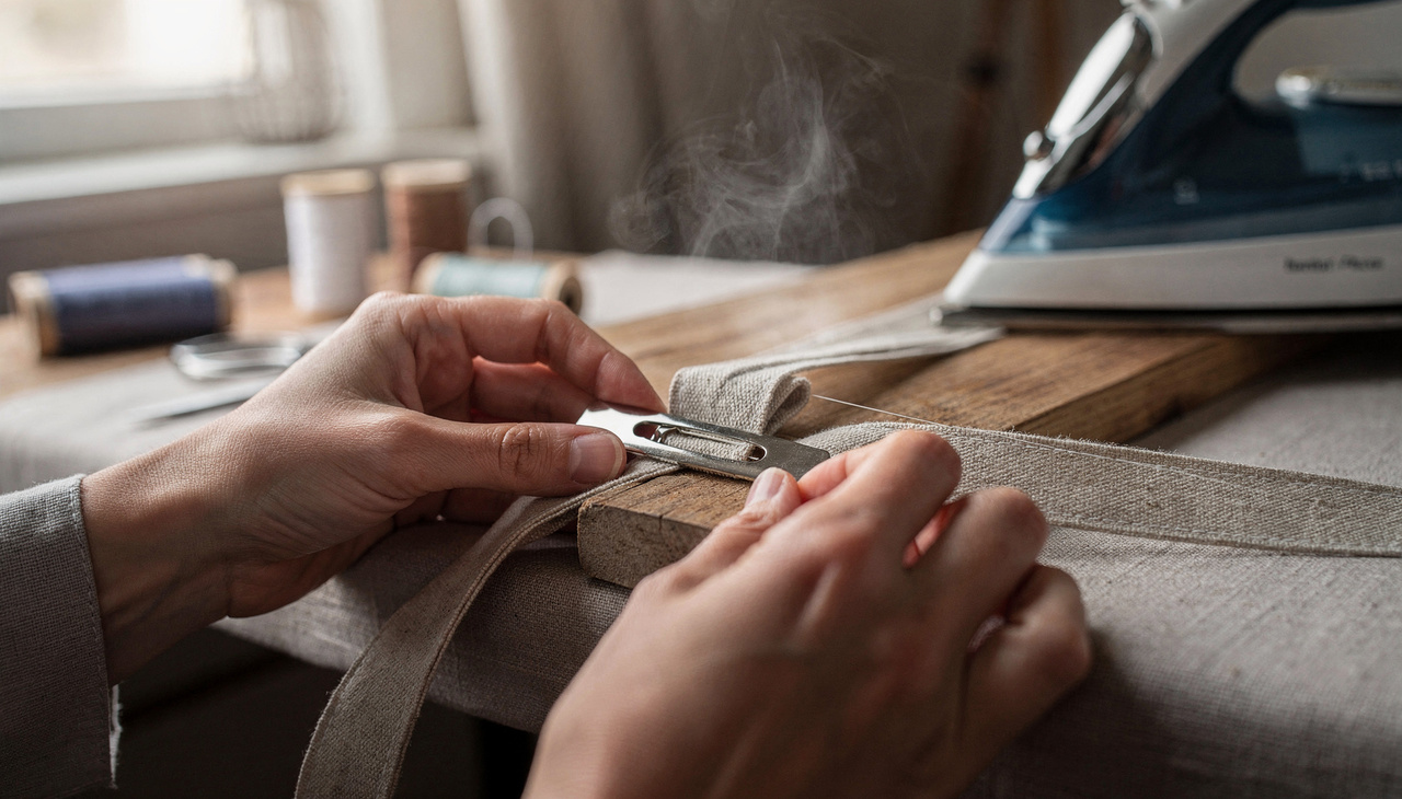 A estrutura metálica do grampo atua como um limitador físico que força o tecido a se dobrar para dentro de maneira uniforme