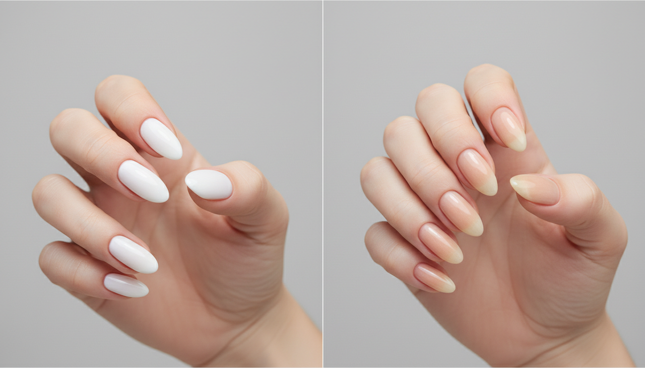 O alongamento em gel é feito com um produto fotopolimerizável, que endurece em cabine de luz UV ou LED