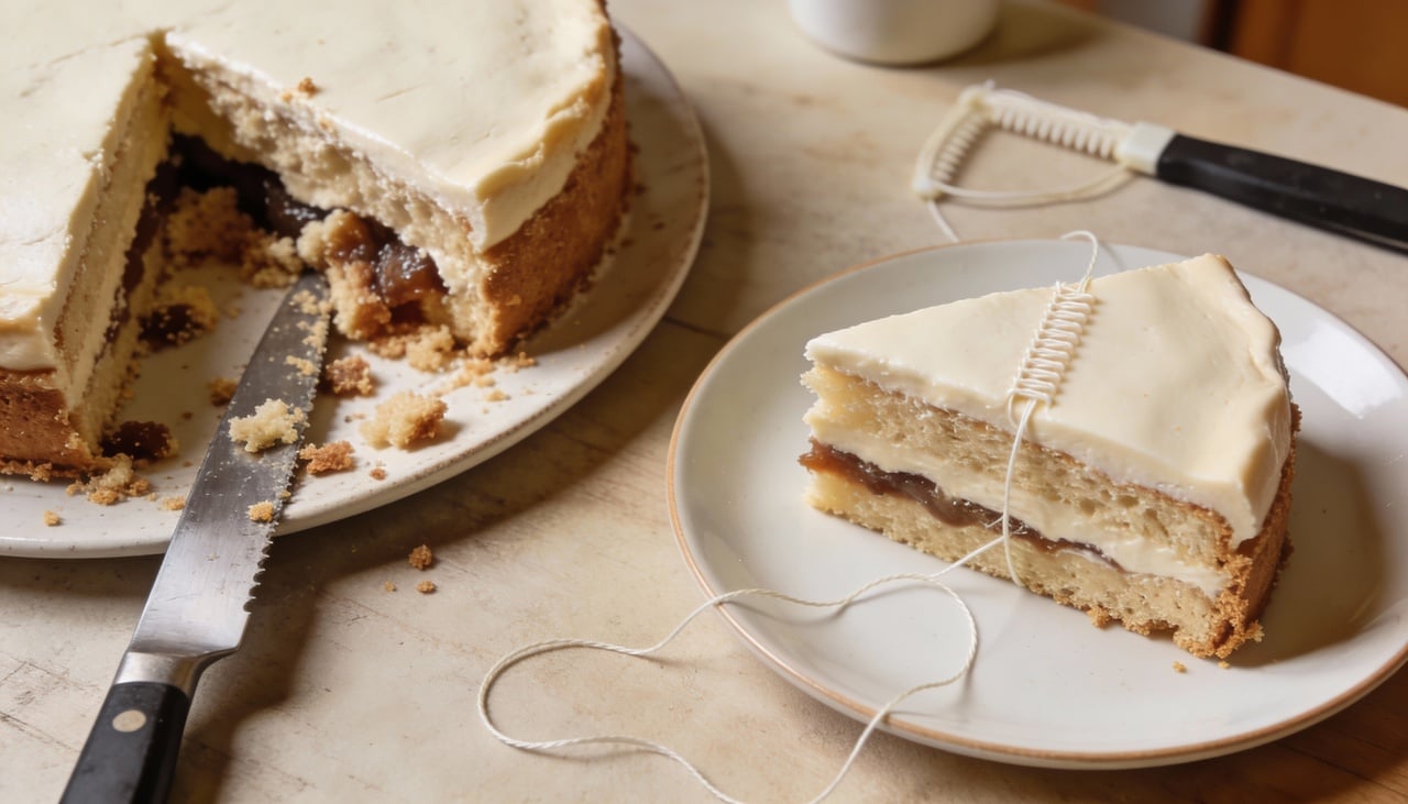 A técnica de cortar bolo com fio dental utiliza uma pressão linear constante que atravessa a massa sem arrastar as fibras do pão de ló