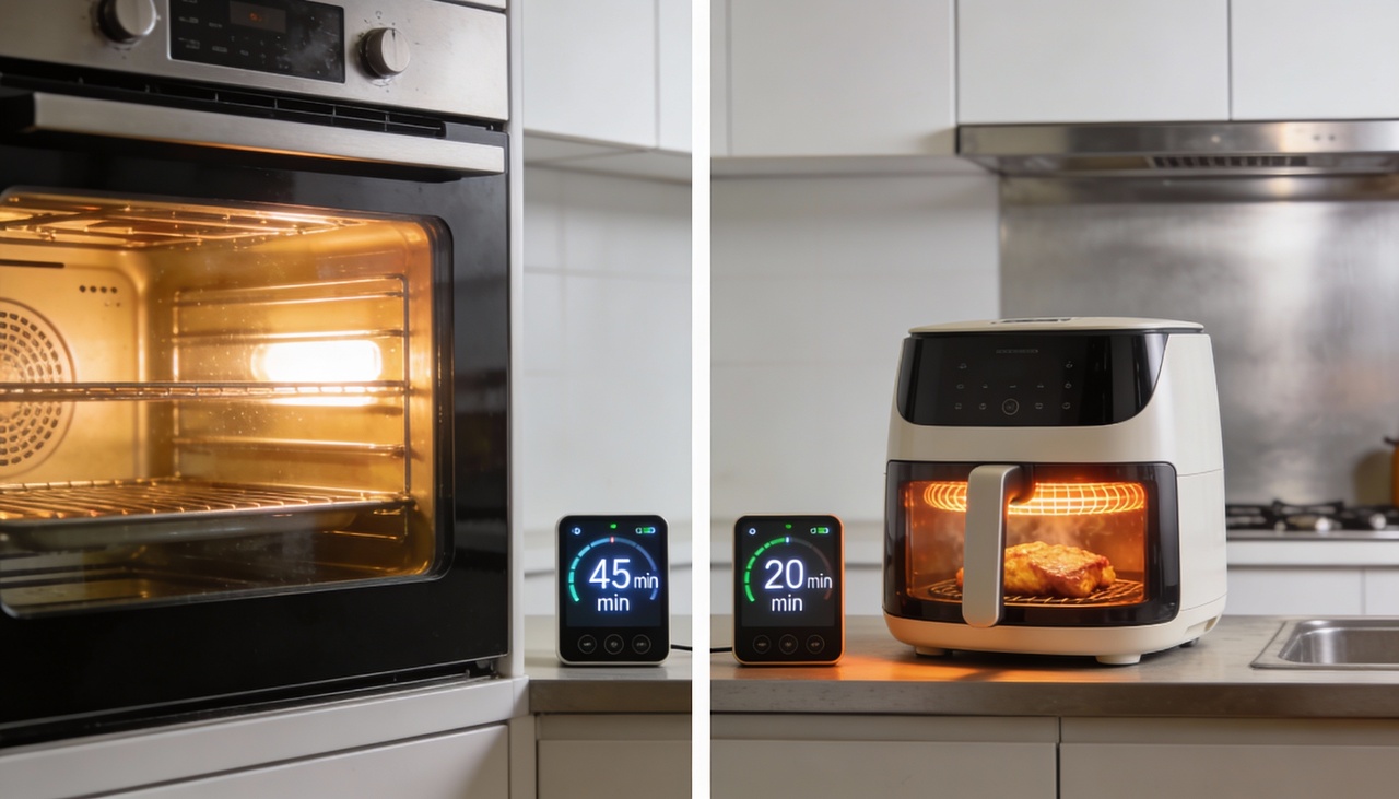 A fritadeira utiliza a circulação rápida de ar quente para acelerar o processo de cocção