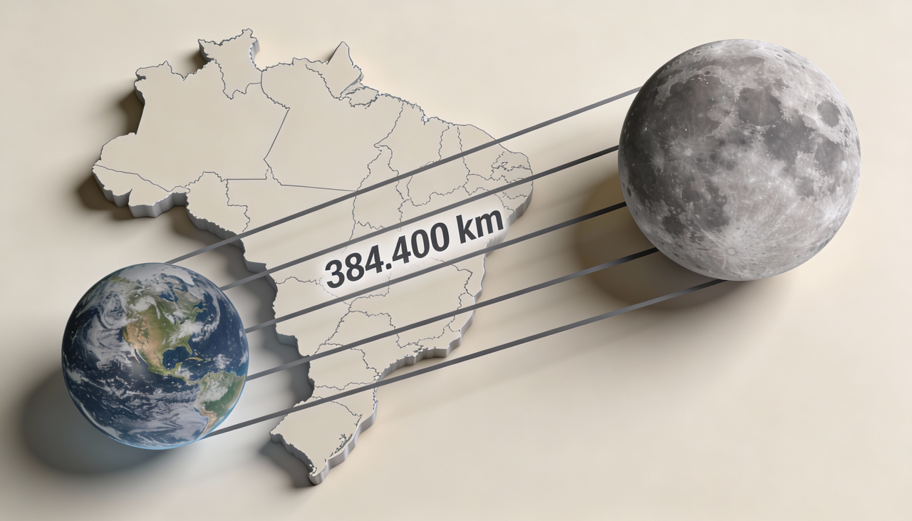 Nesse sentido, precisamos primeiro visualizar que a distância média entre a Terra e o nosso satélite é de 384.400 quilômetros
