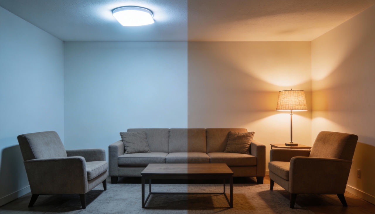 A expressão luz branca na sala geralmente se refere a lâmpadas com temperatura de cor fria, acima de 5.000 Kelvin