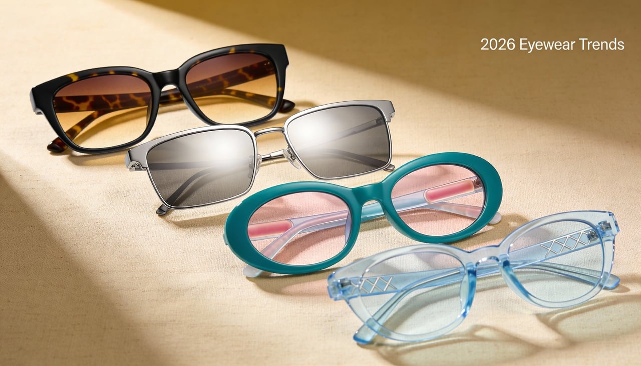 Nas tendências de 2026, óculos de sol geométricos e minimalistas ganham força, sobretudo em coleções de luxo discreto