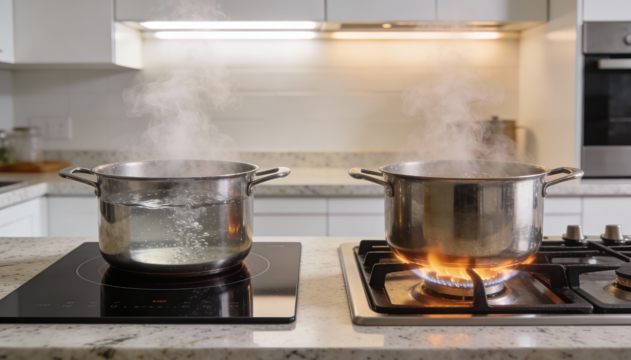 O fogão de indução utiliza campos eletromagnéticos para aquecer diretamente o fundo da panela, mantendo a superfície relativamente fria