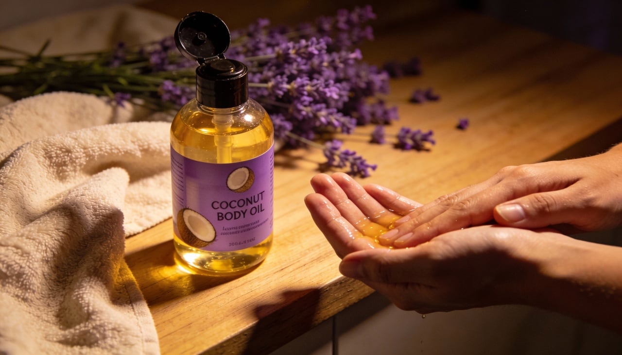 Muitos consumidores associam o uso do óleo corporal de coco com lavanda à criação de um clima mais tranquilo no fim do dia