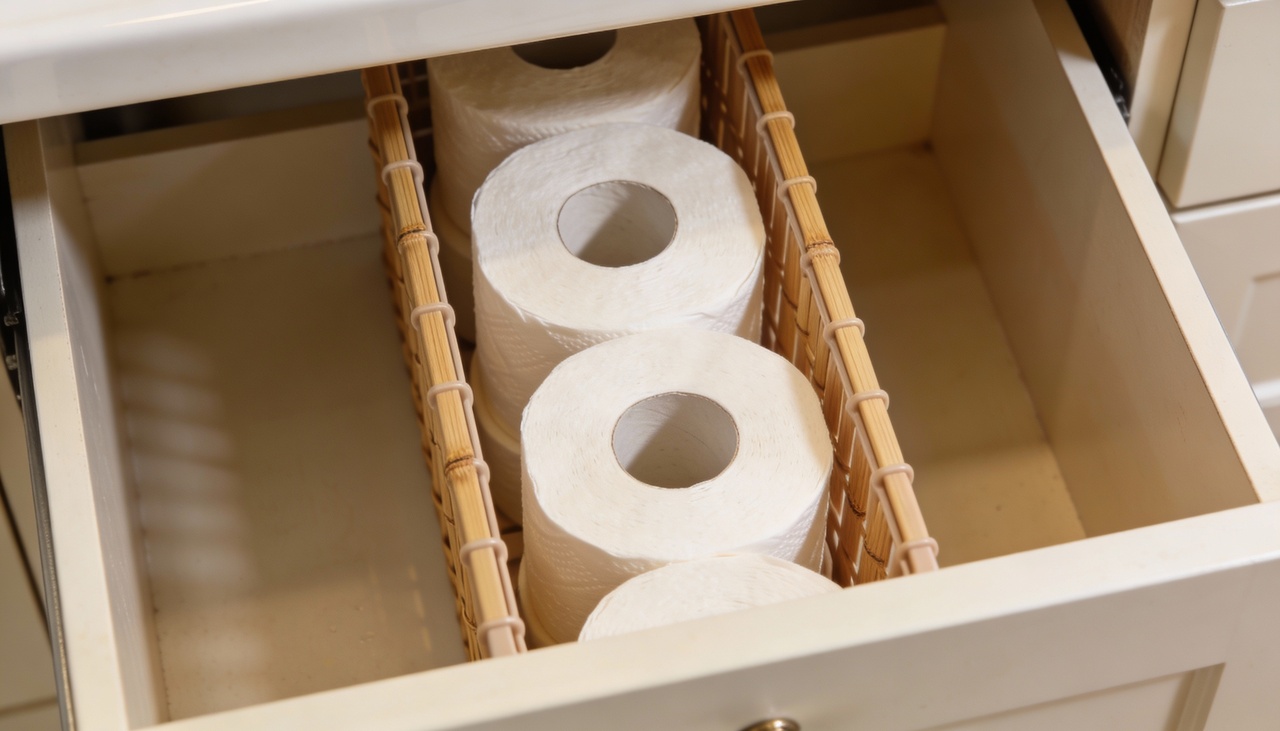 A organização ideal garante que os rolos fiquem visíveis e de fácil acesso sem ficarem expostos à umidade do banheiro