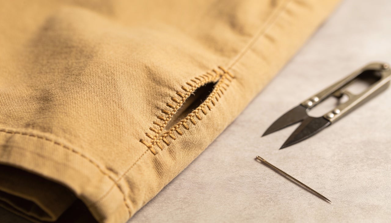 Mantenha os dedos firmes sobre o tecido para evitar que a trama se desloque enquanto você posiciona os primeiros pontos de ancoragem