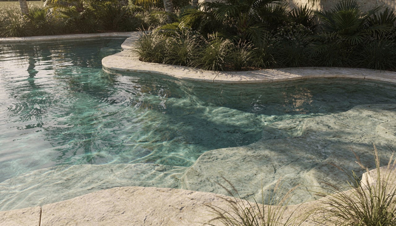 A escolha dos materiais e revestimentos é fundamental para conseguir aquele efeito de água transparente e convidativa típico de lagoas naturais