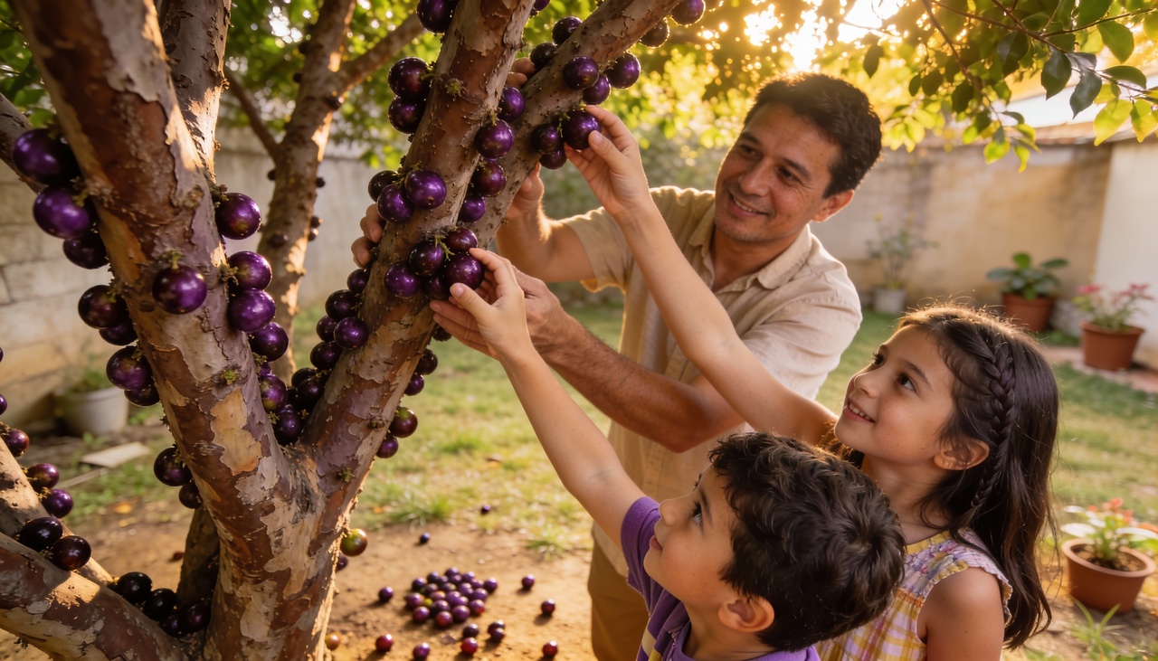 Existe magia particular em descobrir jabuticabas maduras escondidas entre as folhas ou grudadas no tronco grosso da árvore