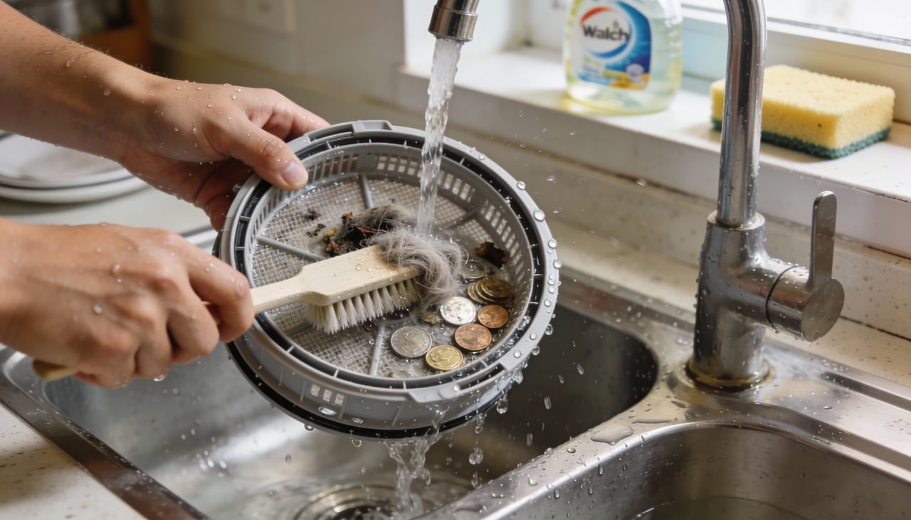 A maioria das lavadoras modernas esconde um filtro de resíduos atrás de uma pequena tampa localizada na parte frontal inferior do aparelho