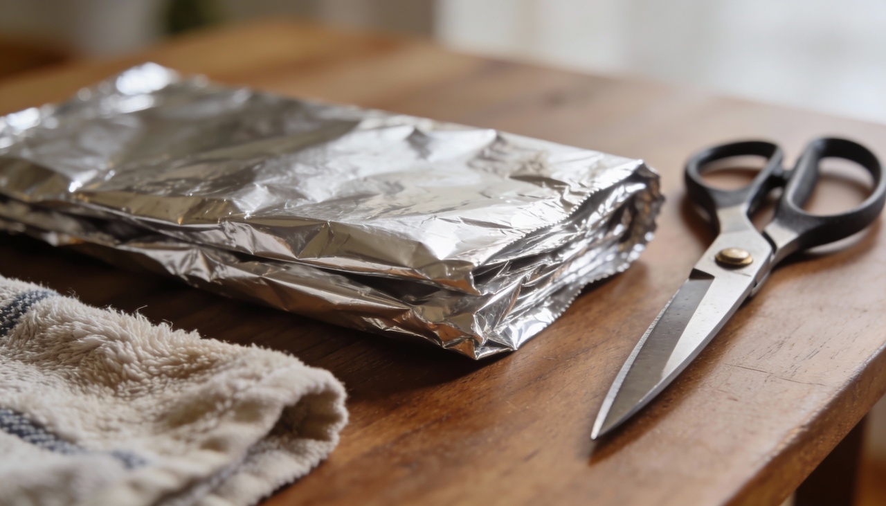 O processo de restauração começa ao dobrar uma folha de papel alumínio várias vezes até criar uma camada espessa e resistente para o contato inicial