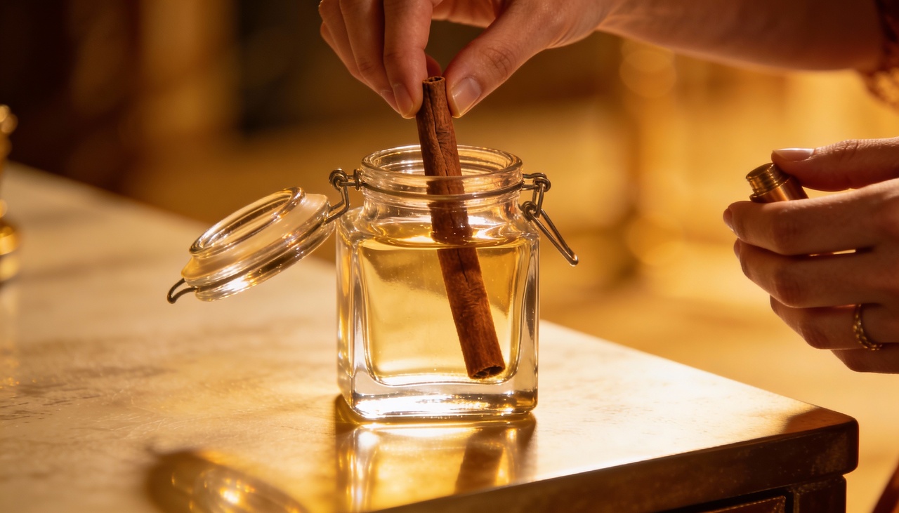 Você deve escolher um frasco de fragrância que já utilize regularmente para garantir que o novo aroma combine perfeitamente com sua pele