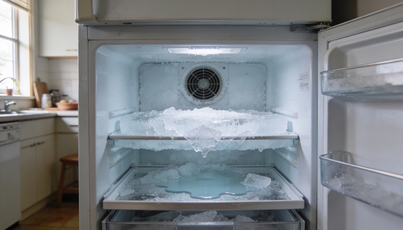 O gelo no fundo, principalmente perto do dreno, costuma surgir quando a água do degelo não consegue escoar