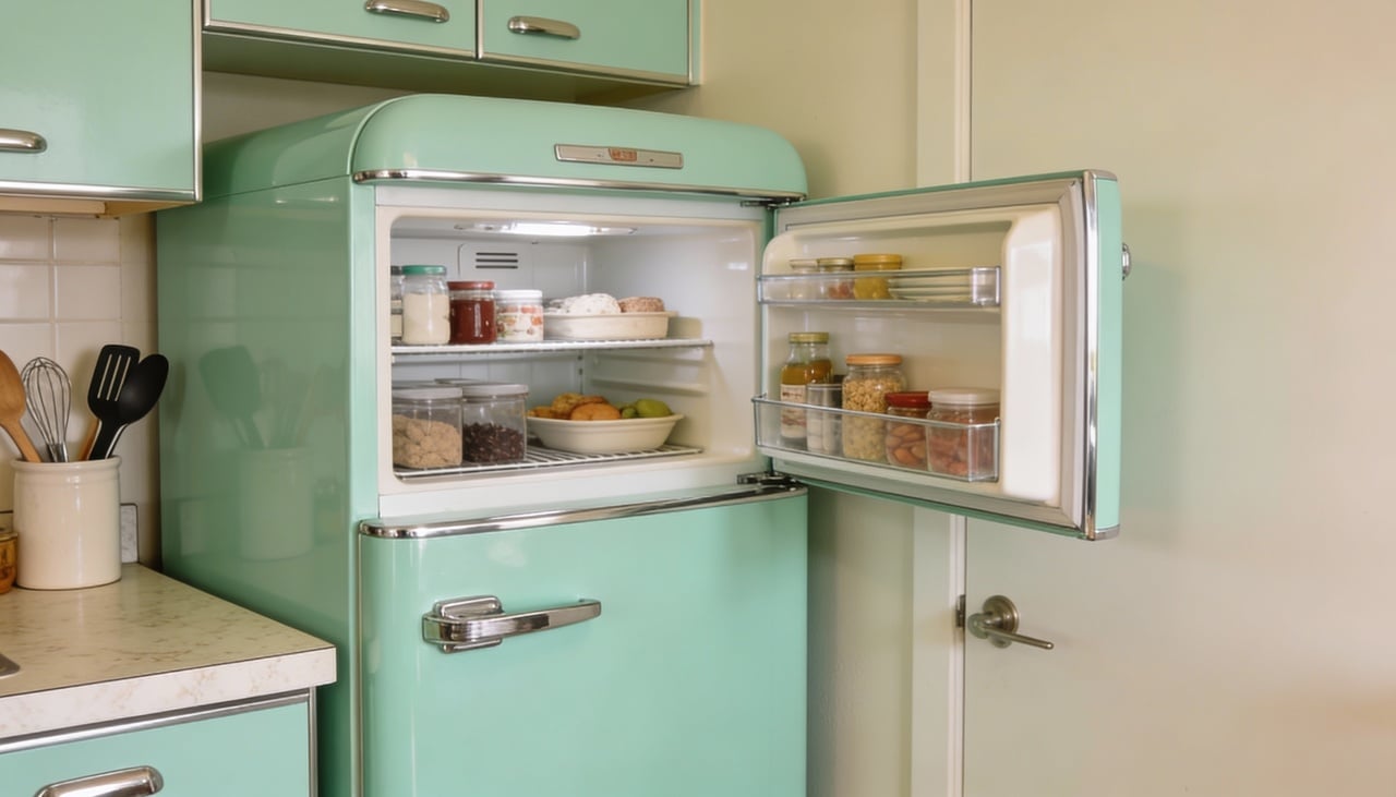 As geladeiras coloridas inspiradas nos anos 50 resgatam o visual daquela década, com linhas curvas, puxadores robustos e acabamento brilhante