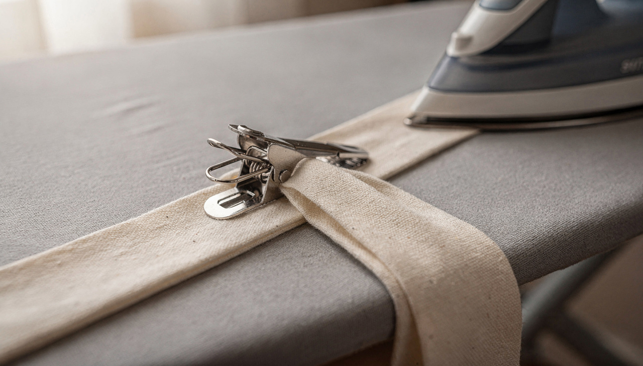A estrutura metálica do grampo atua como um limitador físico que força o tecido a se dobrar para dentro de maneira uniforme