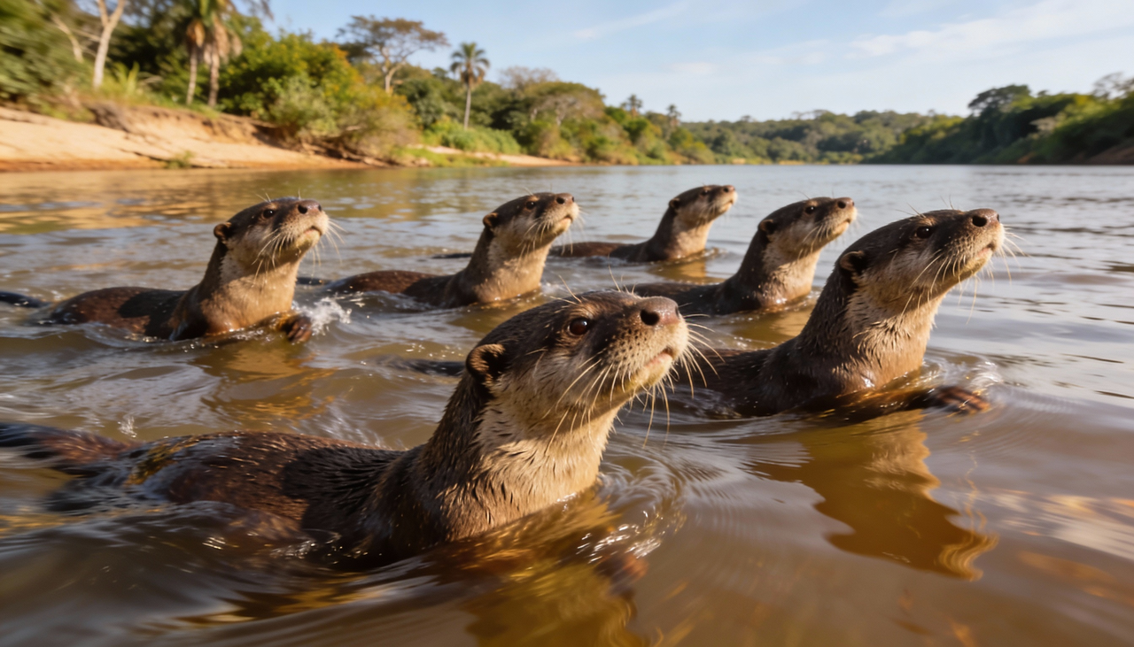 A ariranha brasileira vive em grupos familiares grandes e barulhentos nos rios da América do Sul
