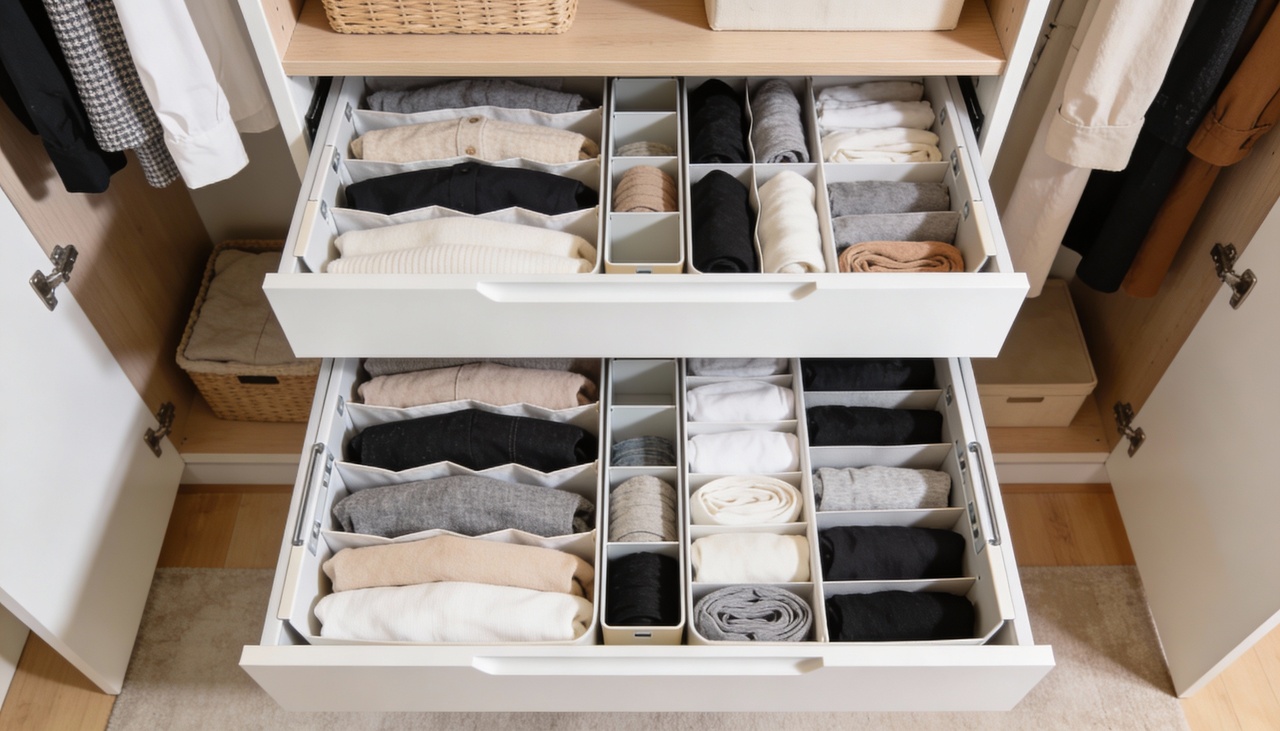 Para começar, a técnica de dobra em arquivo revoluciona completamente a maneira como guardamos camisetas e blusas leves dentro das gavetas