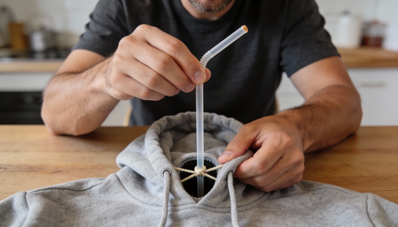 O processo começa ao selecionar um canudo plástico rígido que servirá como guia estrutural para o cordão flexível