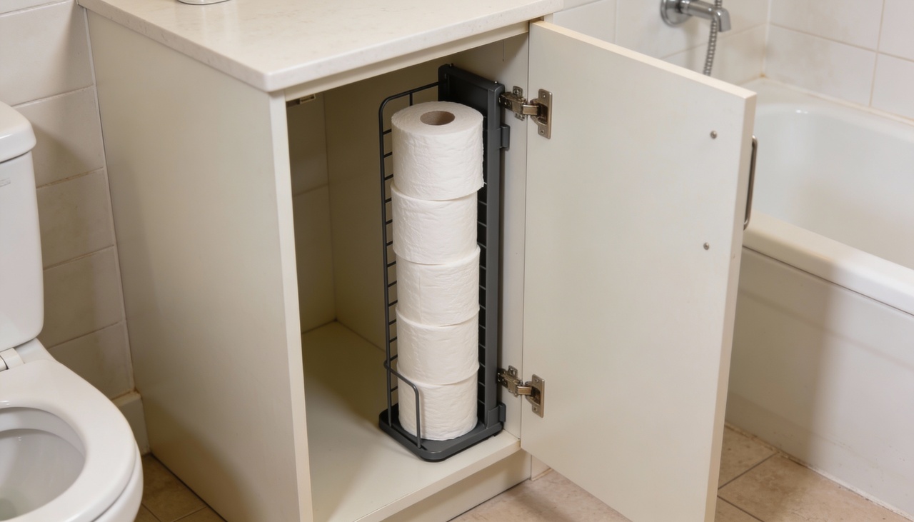 A organização ideal garante que os rolos fiquem visíveis e de fácil acesso sem ficarem expostos à umidade do banheiro