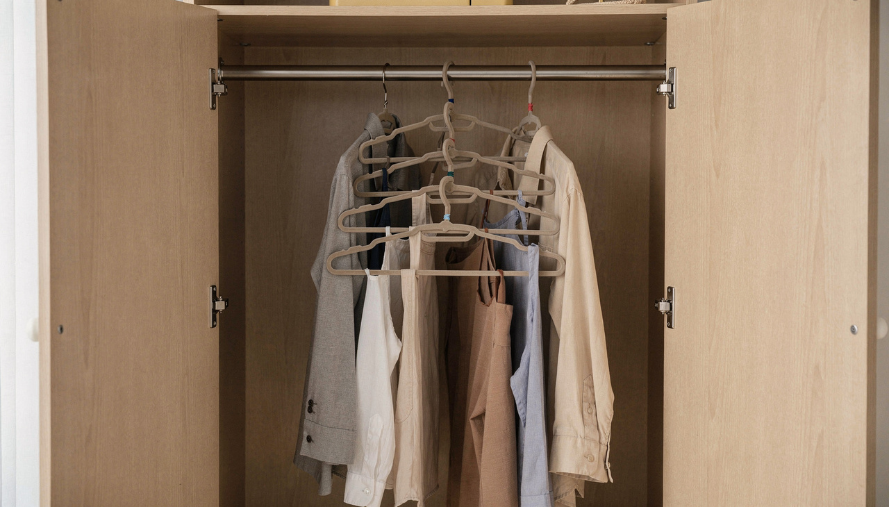 Para começar, você deve selecionar os cabides que deseja agrupar para otimizar o espaço vertical do seu guarda-roupa de forma eficiente