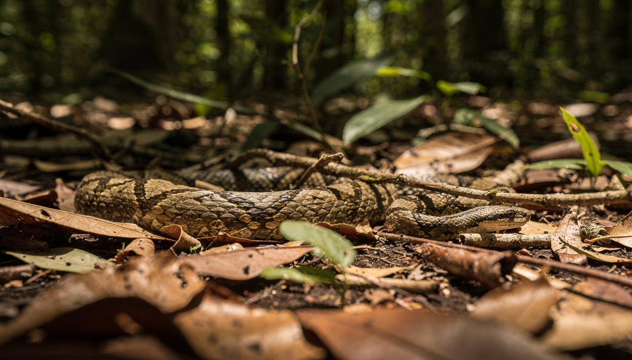 A jararaca utiliza padrões geométricos e tons terrosos para desaparecer entre as folhas e galhos caídos no solo da floresta
