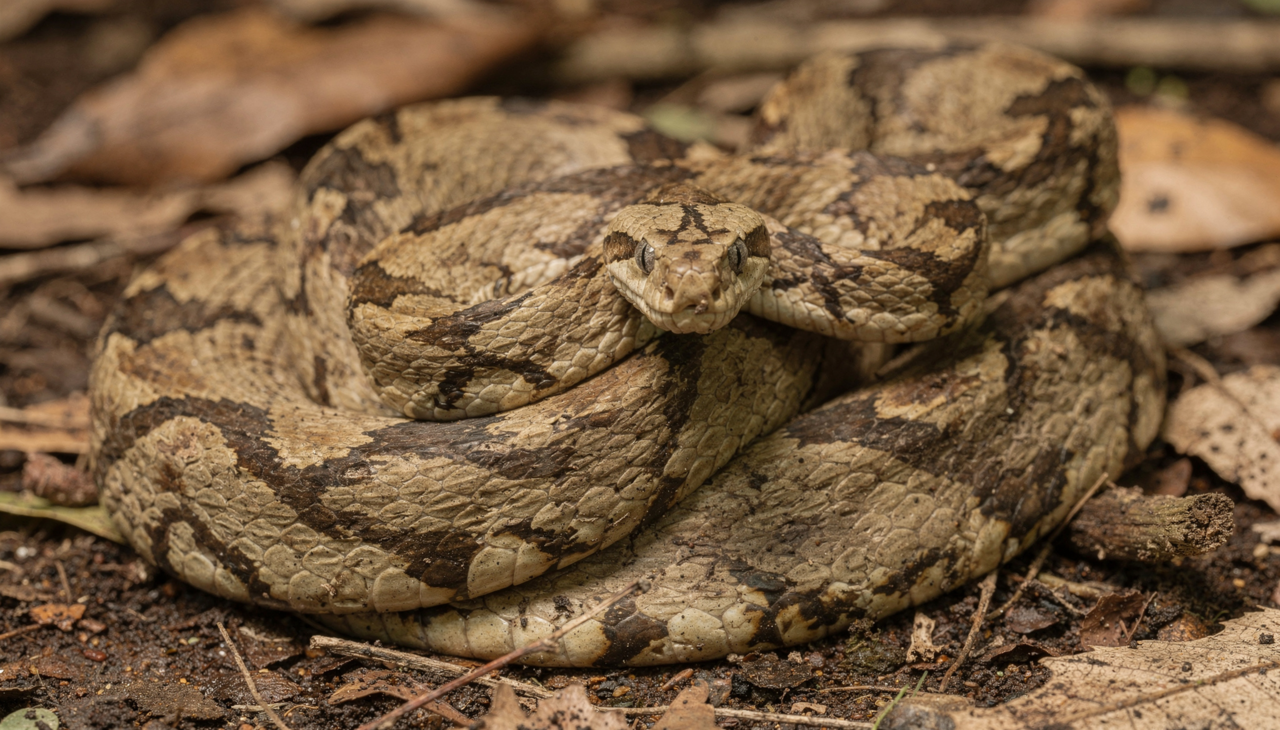 A jararaca utiliza padrões geométricos e tons terrosos para desaparecer entre as folhas e galhos caídos no solo da floresta
