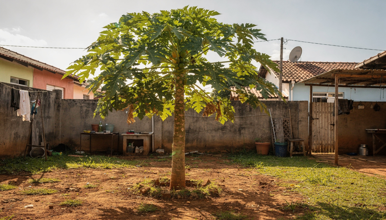 O mamoeiro é planta de crescimento extremamente rápido podendo atingir 2 metros de altura em apenas seis meses após plantio