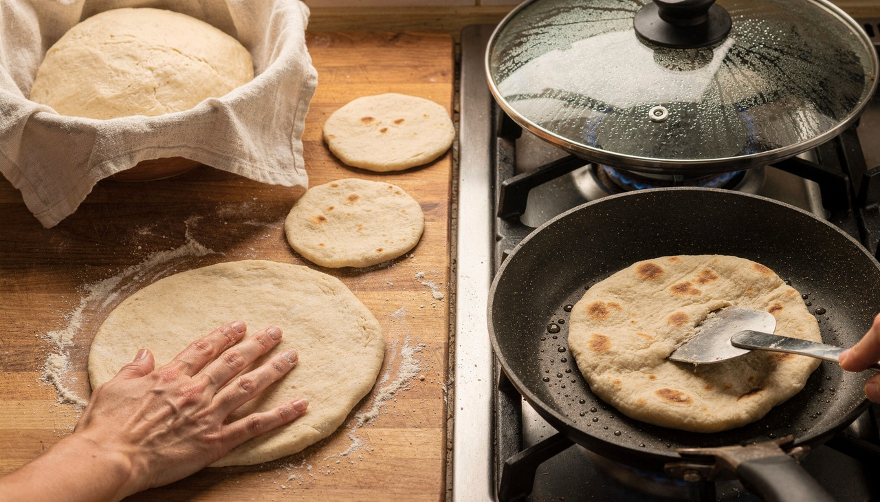 Misture três xícaras de farinha de trigo, uma colher de chá de sal, uma colher de sopa de açúcar e uma colher de sopa de fermento biológico seco