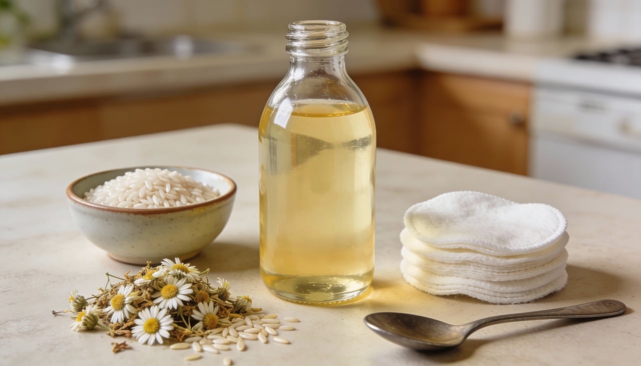 O tônico facial com chá de camomila e arroz é uma preparação líquida feita a partir da infusão da erva e do uso da água proveniente do contato com o arroz