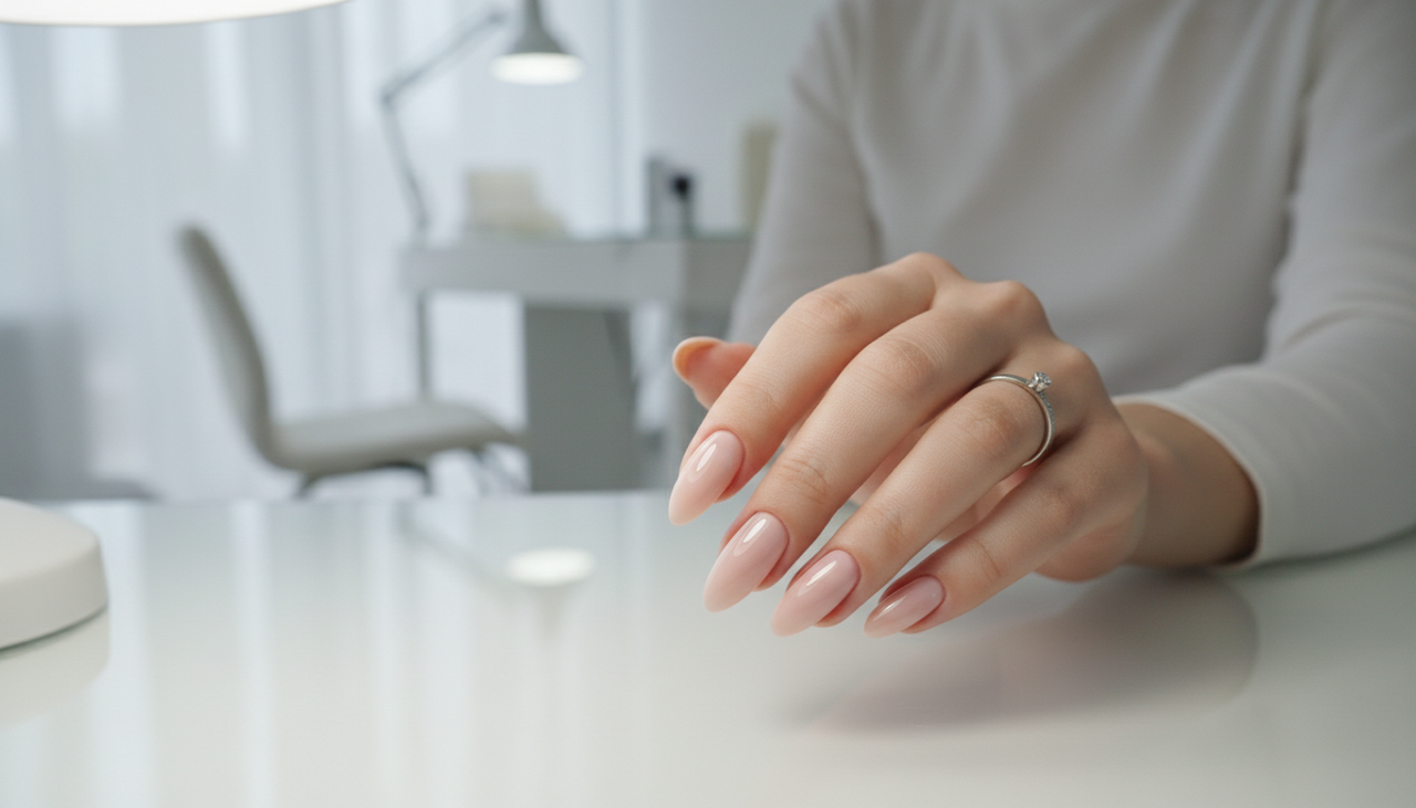 O alongamento em gel é feito com um produto fotopolimerizável, que endurece em cabine de luz UV ou LED